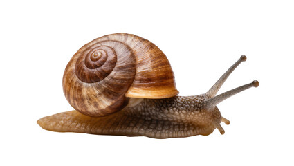 Brown garden snail with spiral shell crawling on surface © Elowen