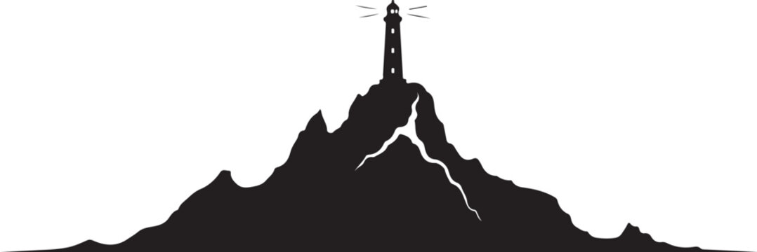 Black silhouette lighthouse on mountain, rocky cliff icon, minimalist landscape symbol, vector illustration