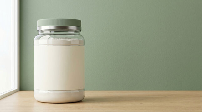 Clear plastic supplement jar with blank white label and green lid on wooden desk