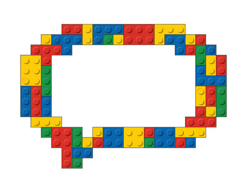 Interlocking toy brick speech bubble frame built from stacked primary blocks turns playful construction geometry into a bright modular comic shape packed with childhood energy and color rhythm