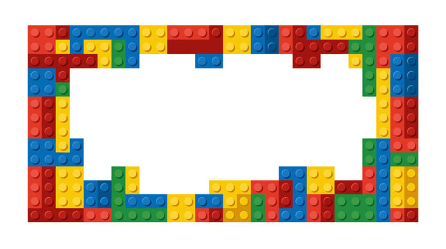 Interlocking toy brick border stacks vivid primary blocks into a playful construction frame where studded red yellow blue and green pieces spark childhood creativity and modular fun