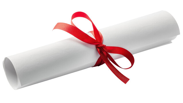 Rolled parchment document tied with vibrant red satin ribbon