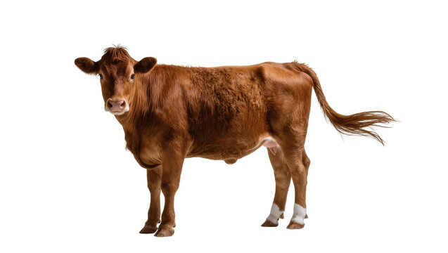 Brown muscular young cow standing with long tail and dark horns