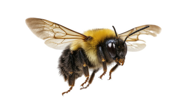 Fuzzy black and yellow Bumblebee with outstretched wings and hairy legs