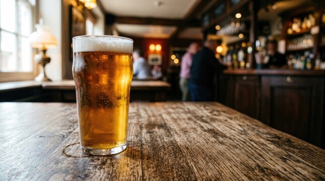 A glass of amber beer sits on a wooden table in a traditional pub. People are blurred in the background.