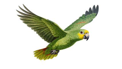 Green yellow Amazon parrot flying with spread wings © Elowen