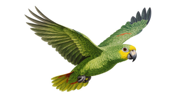 Green yellow Amazon parrot flying with spread wings