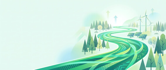 Naklejka premium A winding green energy road meanders through forests with wind turbines and solar panels