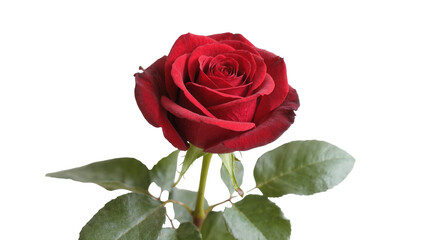 Naklejka premium Vibrant crimson Rose blossom with green foliage and stem