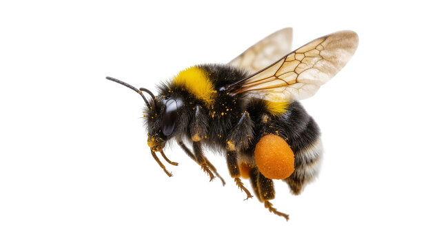 Fuzzy black and yellow Bumblebee with pollen on abdomen