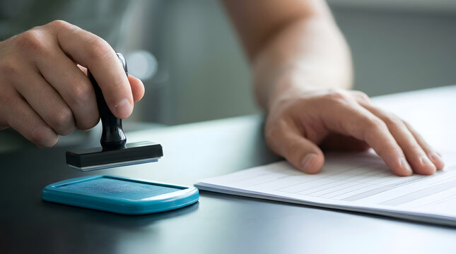 Hand stamping approved document with rubber stamp on desk while reviewing paperwork checklist