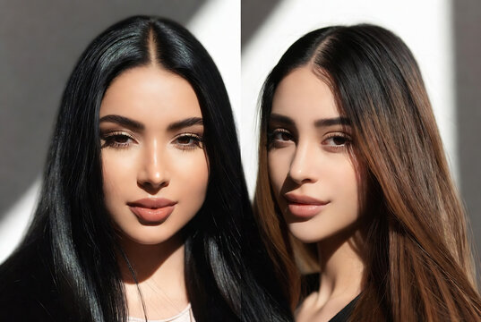 Two portraits of a young woman with similar features, showcasing different hair color variations.