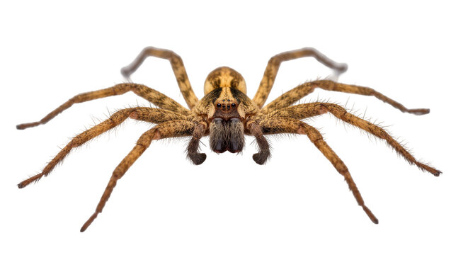 Brown Wolf Spider Facing Forward with Hairy Legs and Dark Eyes