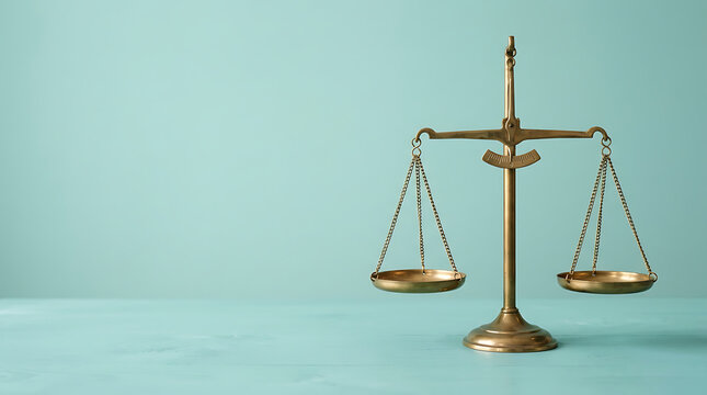 Justice Scale Model on Teal Background for Law and Balance Concepts