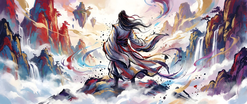 A long-haired immortal in white robes stands atop a misty mountain peak, riding the wind with flowing ribbons and vibrant cosmic energy
