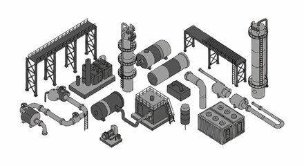 Collection of industrial equipment and machinery elements in isometric view, isolated on white background. © Slamet