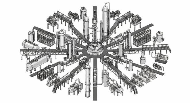 Complex industrial plant with multiple processing units and conveyor belts arranged in a circular pattern, rendered in a technical illustration style.