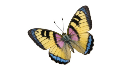 Yellow Pink Blue Patterned Butterfly with Delicate Antennae © Elowen