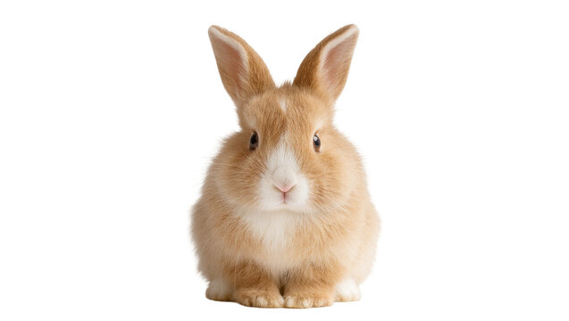 Tan fluffy rabbit with long ears and pink nose facing forward