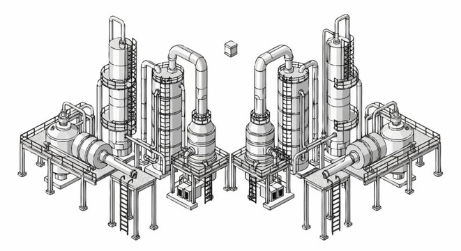 Industrial chemical plant with distillation columns and reactors, isometric view.