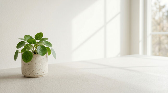 Minimalist potted pilea plant on bright desk against beige wall with elegant window shadow and massive copy space