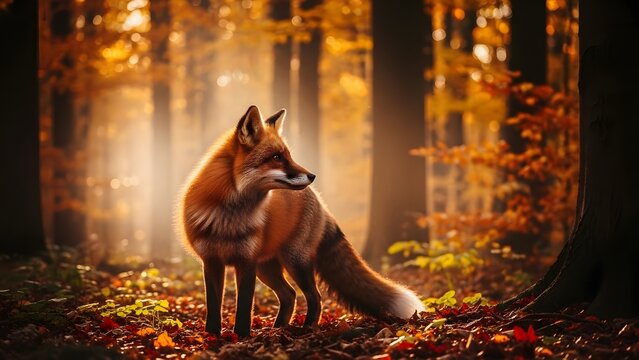 Red fox in autumn forest landscape scenic woodland beauty and wildlife nature photography