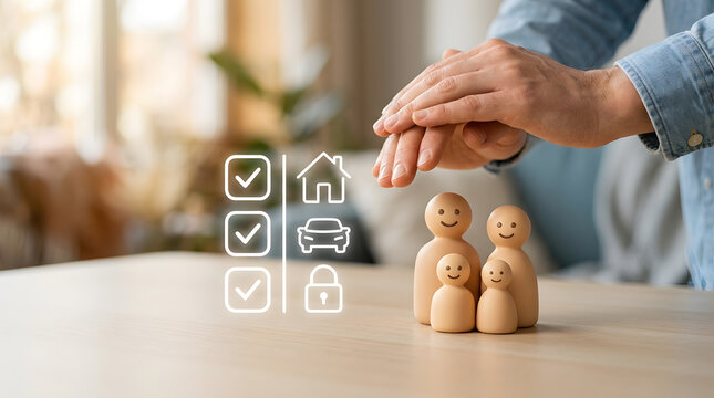 Hand protecting family home safety concept with check icons and secure lock symbols