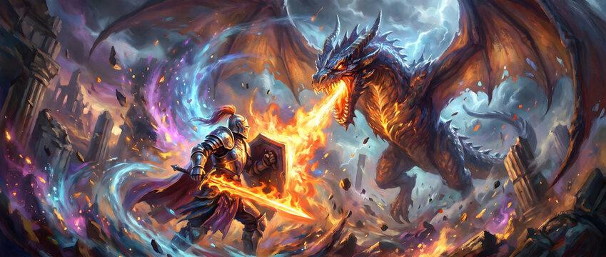 Knight wielding flaming sword confronts fire-breathing dragon in epic battle