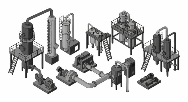 Isometric illustration of industrial chemical processing equipment and machinery.