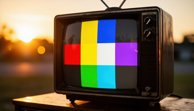 A retro television sits on a table, displaying colorful test patterns. The television contrasts with the warm sunset background, creating a nostalgic scene.