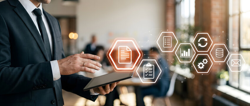 Businessman holding tablet with futuristic app icons for digital business strategy in office