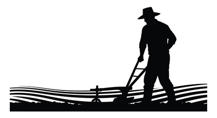 Fototapeta premium Farmer with lawnmower on grassy field black silhouette high quality professional