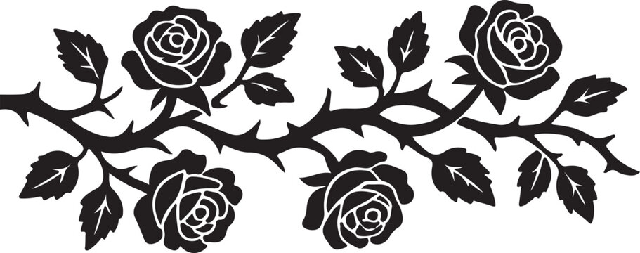 Horizontal branch design with beautiful blooming roses and sharp thorns in ink style.