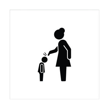 Strict mother scolding child vector icon, angry parent disciplining sad son silhouette, domestic conflict and family discipline concept, black and white flat graphic illustration