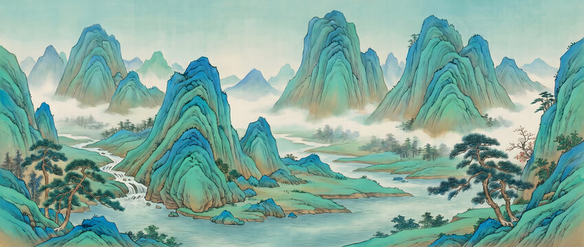 Azure-green landscape painting featuring layered mountain peaks, winding streams, and pine forests