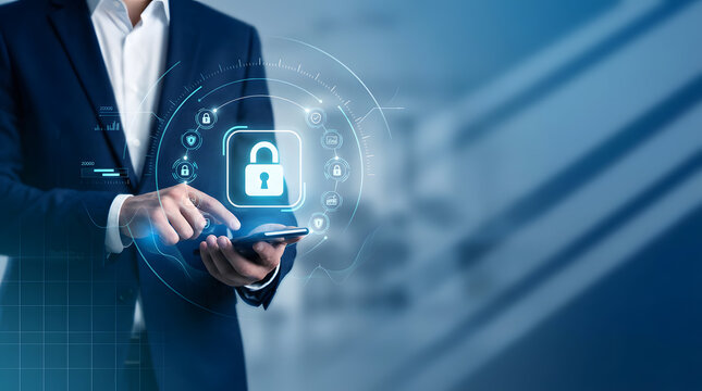 Businessman using smartphone with digital lock icon and cybersecurity protection technology concept