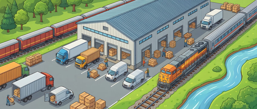 Logistics warehouse with railway and road multimodal transport operations including loading and unloading activities