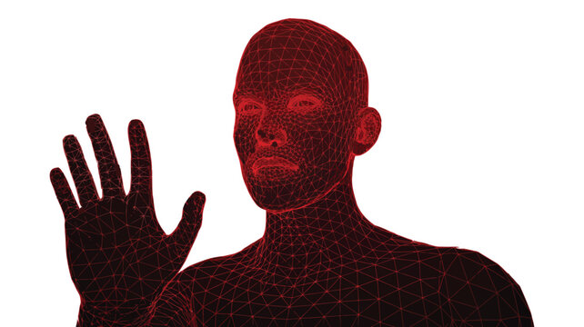 Digital Human Mesh with Red Wireframe Technology Visualization