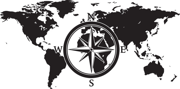 Vintage world map, navigation compass, black and white vector, travel icon, directional symbol