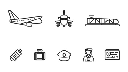 Fototapeta premium Aviation and Travel Icon Set: A collection of meticulously crafted, minimalist line art icons representing the various elements of air travel.