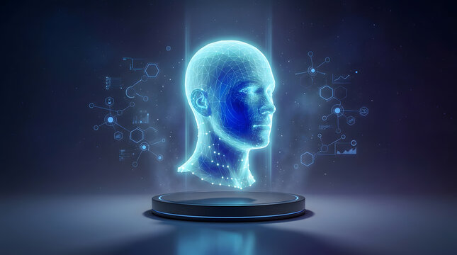 Futuristic AI assistant head hologram with neural network icons above glowing platform