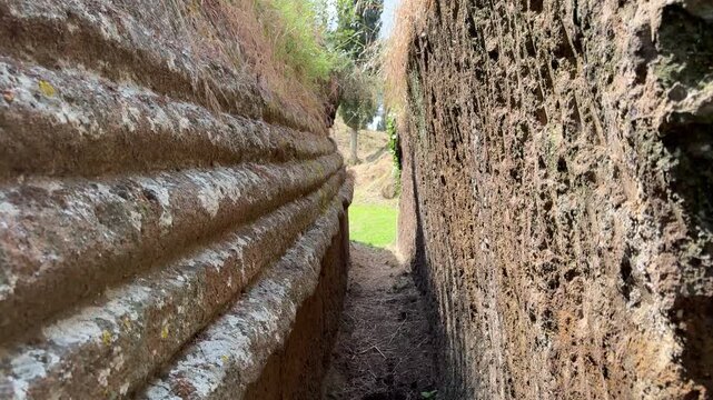Narrow Passage Between Two Ancient Etruscan Tombs in Cerveteri