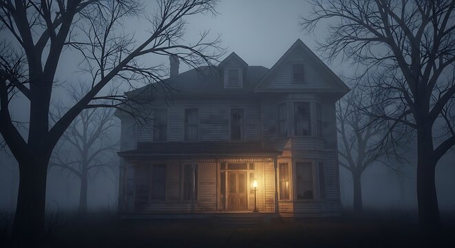 Eerie, abandoned Victorian house shrouded in thick fog, lit by a single lamp