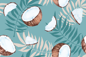 Seamless pattern of coconut, palm leaves and tropical plant on pastel green painted background.With watercolor.For fabric and wallpaper designs from the forest.Natural Vantage Pattern. © joy8046