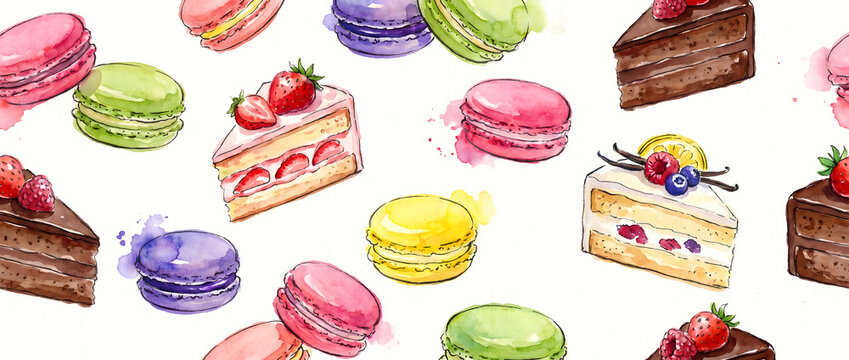 Watercolor hand-drawn macarons cakes and assorted desserts in sweet pastel composition