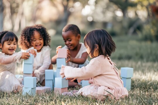 Children stacking blocks and playing on grass in park