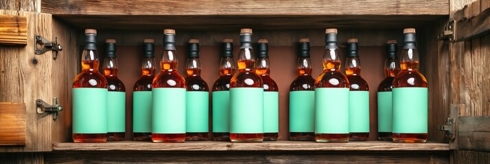 Fototapeta premium Whisky bottles lined in rustic wooden crate shelf store display