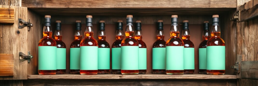 Whisky bottles lined in rustic wooden crate shelf store display