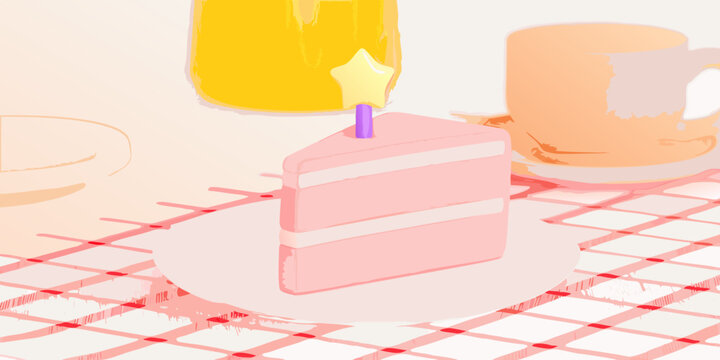 Slice of birthday cake with candle pastel illustration