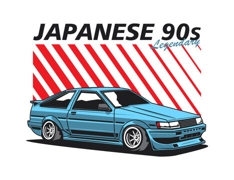 Classic blue illustration of a modified 90s Japanese vehicle in vector style